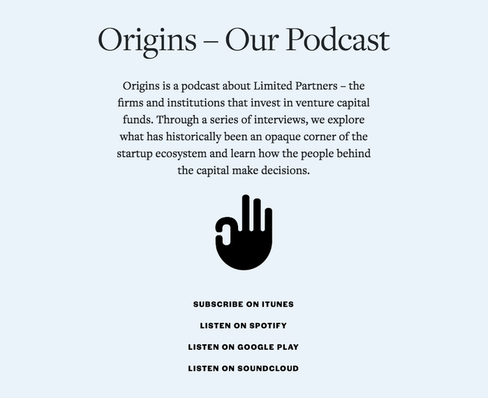 The podcast links are rendered in all-caps Halyard Display Bold.