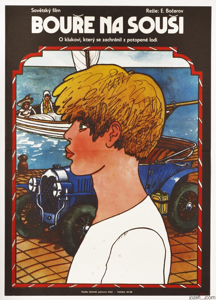 Bouře na souši (“Storm on the Land”, original title: Shtorm na sushe / Шторм на суше), Soviet Union, 1976. Directed by Eduard Bocharov. Featuring Sasha Makartsev, Aleksandr Silin, Ilya Yermolayev.

&nbsp;

The smaller lines are set in , a sans serif in the vein of , designed by Stanislav Maršo for the Czechoslovak foundry Grafotechna in 1960. Steve Matteson’s  is a digital interpretation.