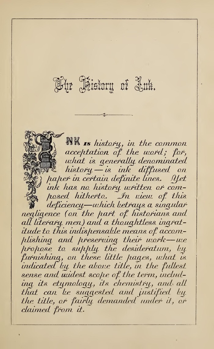 Introductory page, with Cuneiform, Rustic, a fat face, and Madisonian for text. The drop cap with vine branches might be from the “First Series” of initial letters shown in the 1869 catalog of the Bruce foundry.