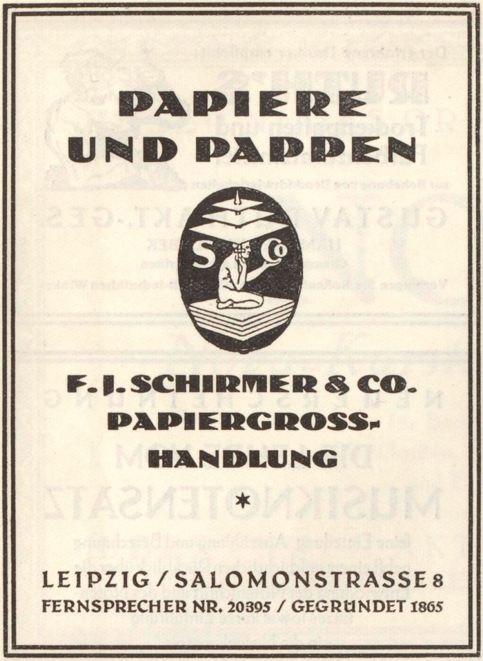“Papiere und Pappen” ad by F.J.&nbsp;Schirmer &amp; Co.