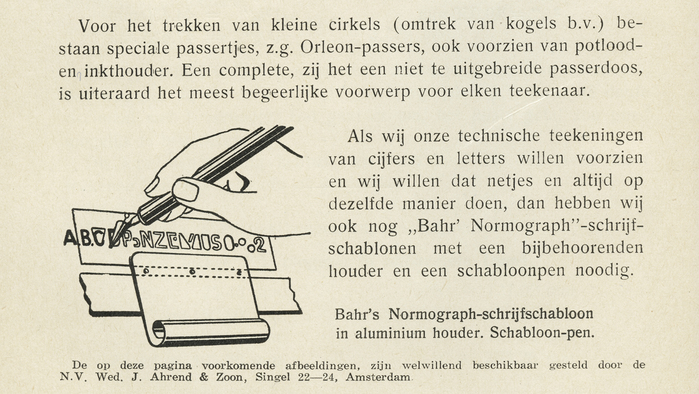Instructional illustration, showing the use of Bahr’s Normograph for lettering. From Typotheque:


The Normograph, for example, invented by vocational school teacher Georg Bahr, was patented in Germany in 1909 and in America in 1912. Bahr’s Normograph did not contain a full character set, but only a few elementary shapes — stems, arms, curve segments, diagonals — that needed to be combined into letters and numerals.