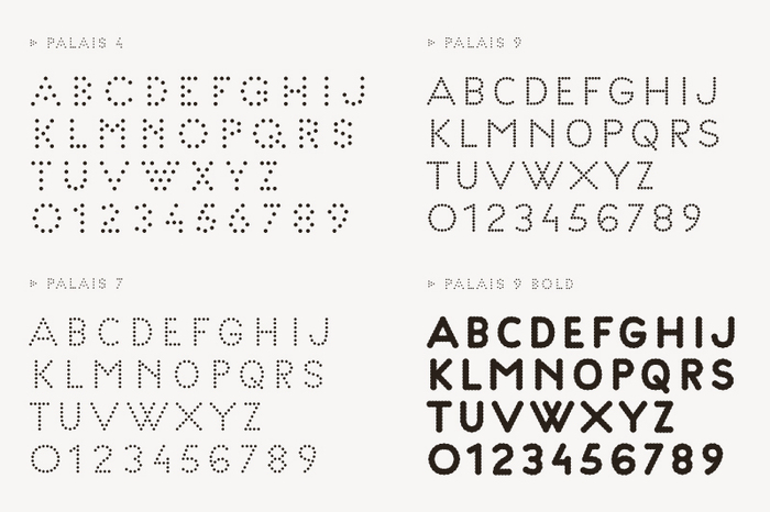 Palais typeface by Helmo for Palais de Tokyo in 4, 7, 9 and 9 Bold interrations.