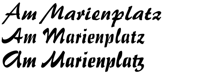 Top: Brush 445, Bitstream’s digital version of Palette.
Middle: Impuls BT, featuring the A and M that were replaced for the sign.
Bottom: Impuls Pro (RMU, 2010), with activated alternates for A and M, as well as a tz ligature. These forms were included in the original metal font, too, but are missing from Impuls BT.