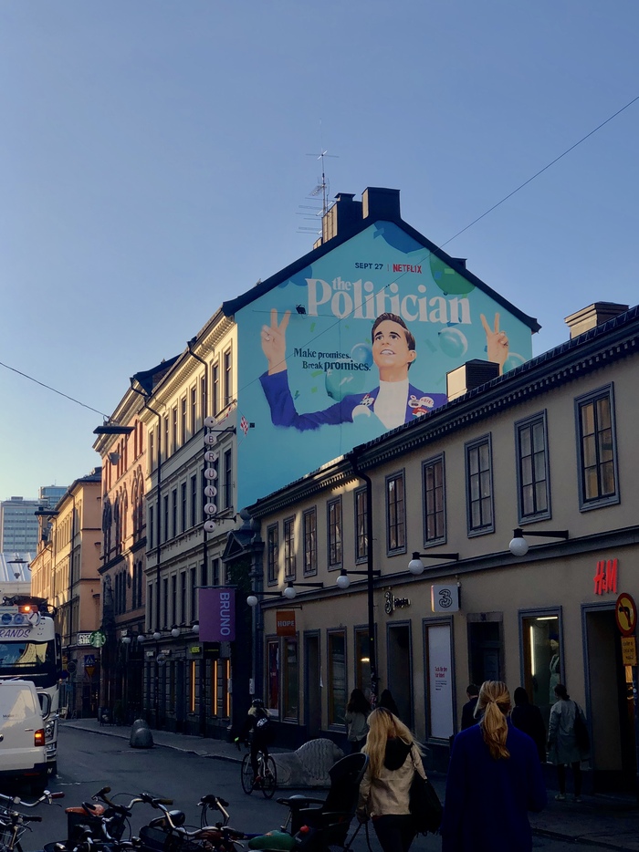 A site-specific mural ad for The Politician on a building in Götgatan, Stockholm, Sweden.