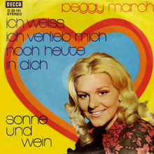 Peggy March – “Ich weiß, ich verlieb’ mich noch heute in dich” / “Sonne und Wein” German single cover