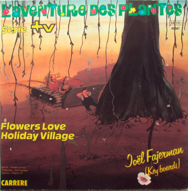 Two tracks from the soundtrack, &ldquo;Flowers Love&rdquo; and &ldquo;Holiday Village&rdquo;, were released as 7&Prime; single (Carrere, 1982). The cover features a drawing by Jacques Leroux. The flowery title typeface is .  is used for the artist&rsquo;s name. The bold italic sans is unidentified.
