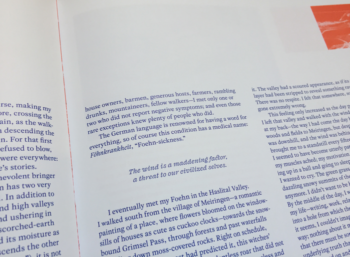Text set in Rosart and GT America, with pull quote set in Fragen Italic. Printed in two Pantone spot colors, blue and red.