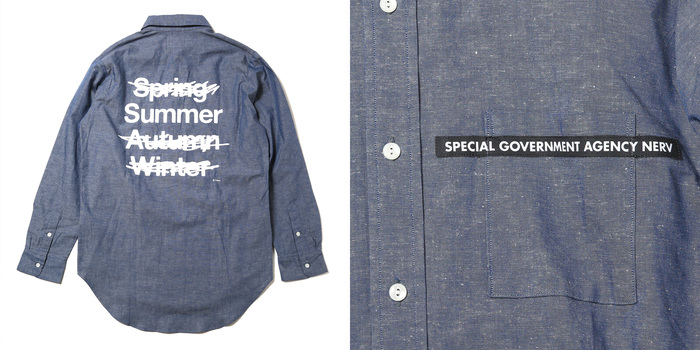 Men’s shirt from Radio EVA, Evangelion’s official fashion label. The fact that “Summer” is the only season not crossed out is an oblique reference to the earth having stopped spinning in the series, leaving Tokyo-3 in a permanent summer. The detail on the right shows Futura.