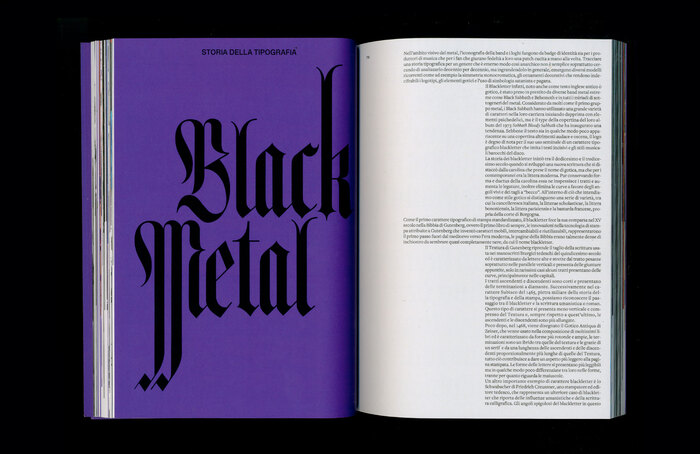 Chapter opening for “a history of Black Metal typography”, featuring a narrow Fraktur with some hyperextended stems.