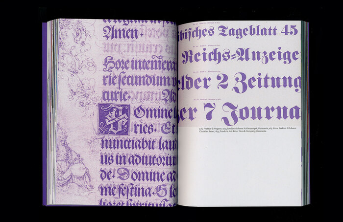 Left: A detail from the prayer book for Emperor Maximilian I, printed in early Fraktur type by Johann Schönsperger (Augsburg, 1513). Right: Detail from a type specimen by Johann Peter Nees &amp; Co., showing Johann Christian Bauer’s  (1855).
