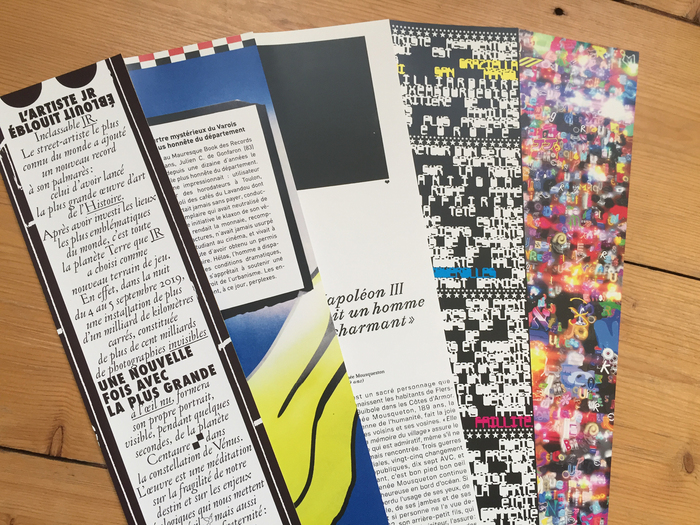 Bookmarks with texts by Baptiste Rossi, designed by (from left to right) Axel Pelletanche (ft.  and ), Mathieu Selvatici (FF DIN), Matthieu Michaut ( and ), Revue Diorama (), and Golgotha.