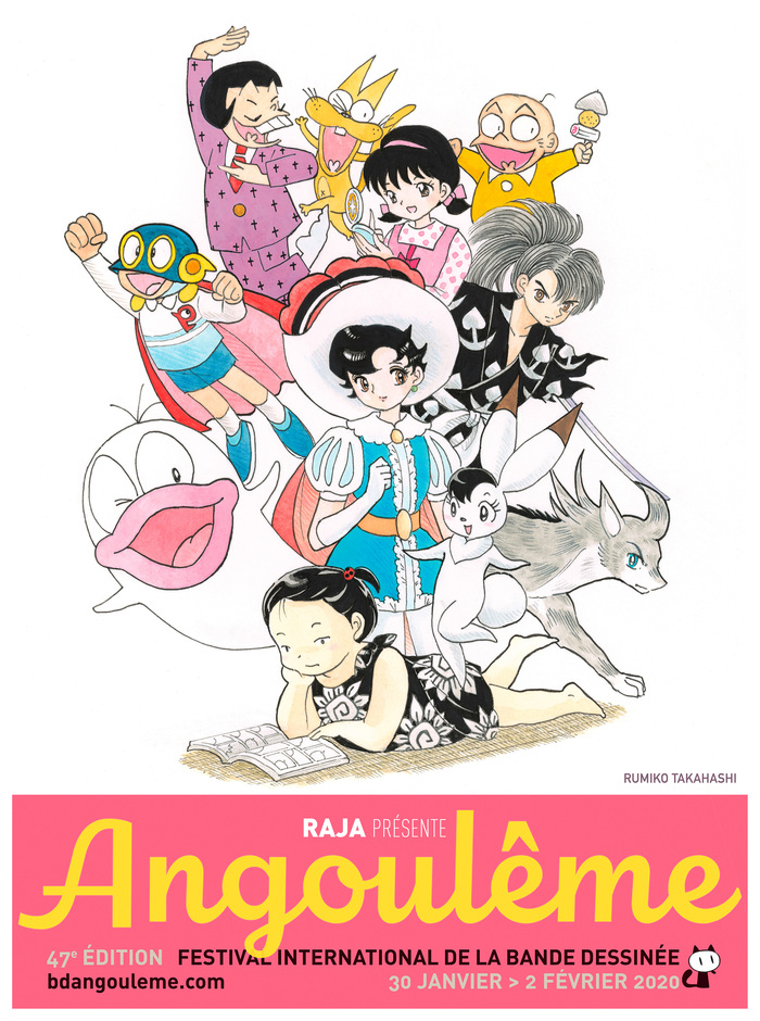 Rumiko Takahashi, surrounded by a motley crew of manga characters, with Sapphire from Osamu Tezuka’s Princess Knight at the center.