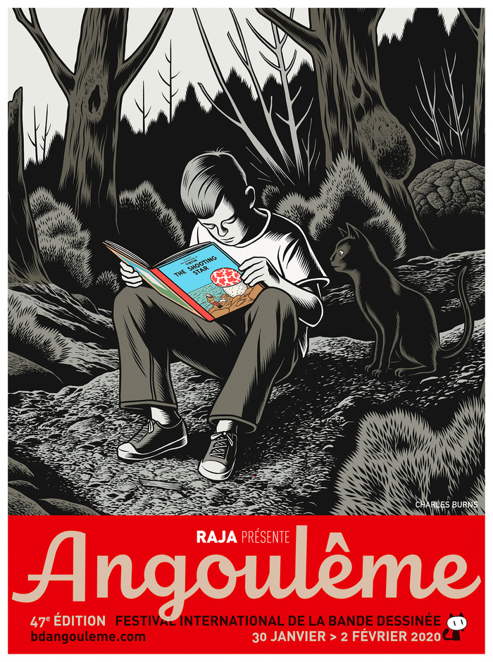 Charles Burns in the woods, immersed in The Shooting Star (L’Étoile mystérieuse), the tenth volume of The Adventures of Tintin by Belgian cartoonist Hergé.