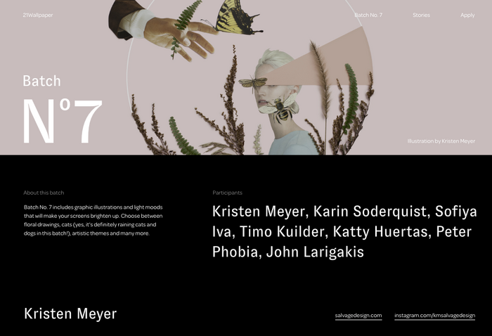 Page presenting the current batch of wallpapers. Headings and participants’ names in GT Zirkon, with Omnes in use for text, links, and menu items.