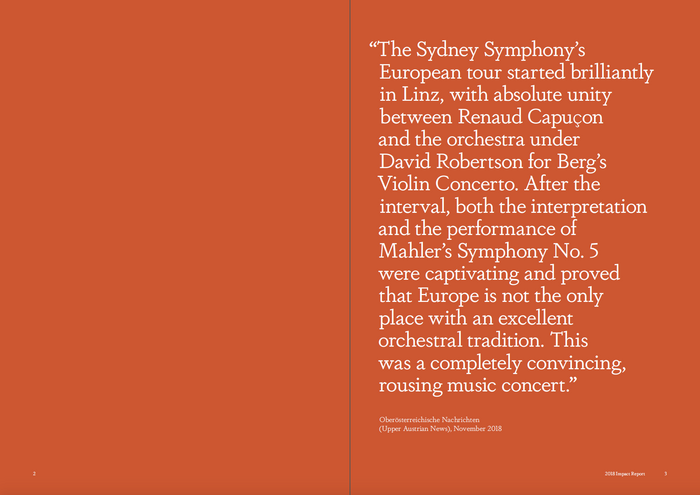 Opening spread from the 2018 Impact Report, with a large quote set in ragged-right Dapifer Book.