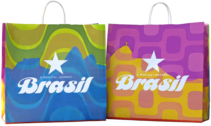 Shopping bags featuring designs by Brazilian artist Kakau H&ouml;fke.
