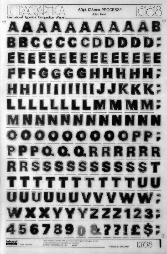 A Letragraphica sheet for dry-transfer lettering, with Process in 60pt.