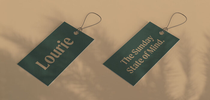 Hang tags with a subtle Pantone gold finish.
