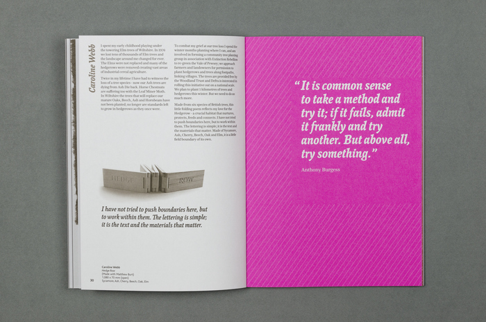 Page spread showing Hawkland for general text, Bliss for image caption and De Worde for name, statement and quote.