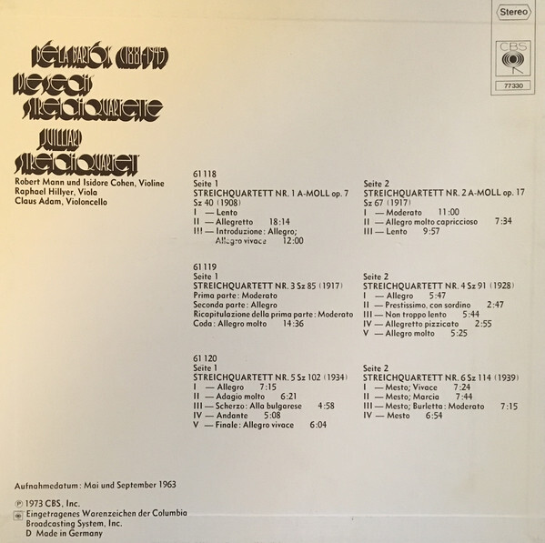 Juilliard Streichquartett, Béla Bartók ‎– Die Sechs Streichquartette album art 2